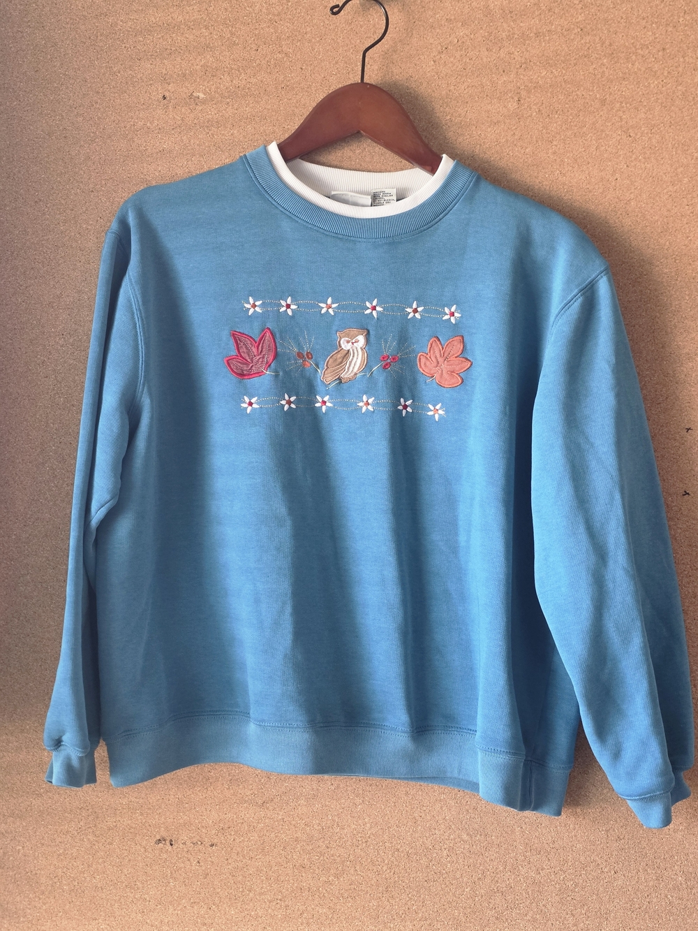 VTG Classic Elements Embroidered Owl Sweatshirt L Teal Blue Crew Neck Cottage